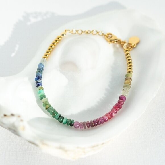 GORGEOUS Rainbow SAPPHIRE Beaded Bracelet Waterproof Gold Non-Tarnish Bracelet - Picture 7 of 10